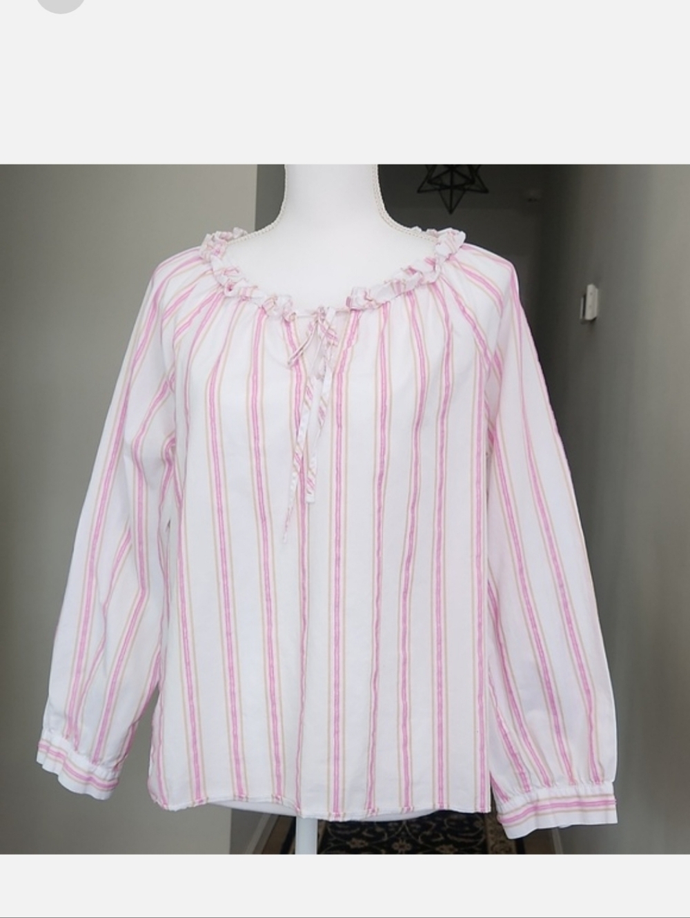 J. Crew Striped Blouse Ruffle Tie V-neck Long Sleeve Popover Cotton  S